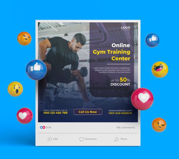 Mockup image of social media post design template for gym and fitness trainer