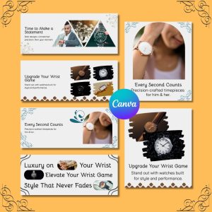 Customizable Website Banners for Watch Stores – 4 Desktop & 4 Mobile Templates
